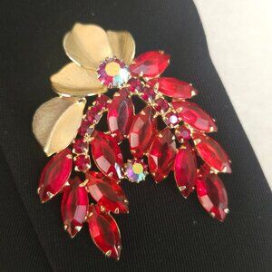 Vintage D&E Juliana Red Rhinestone Brooch with Metal Leaf Accents